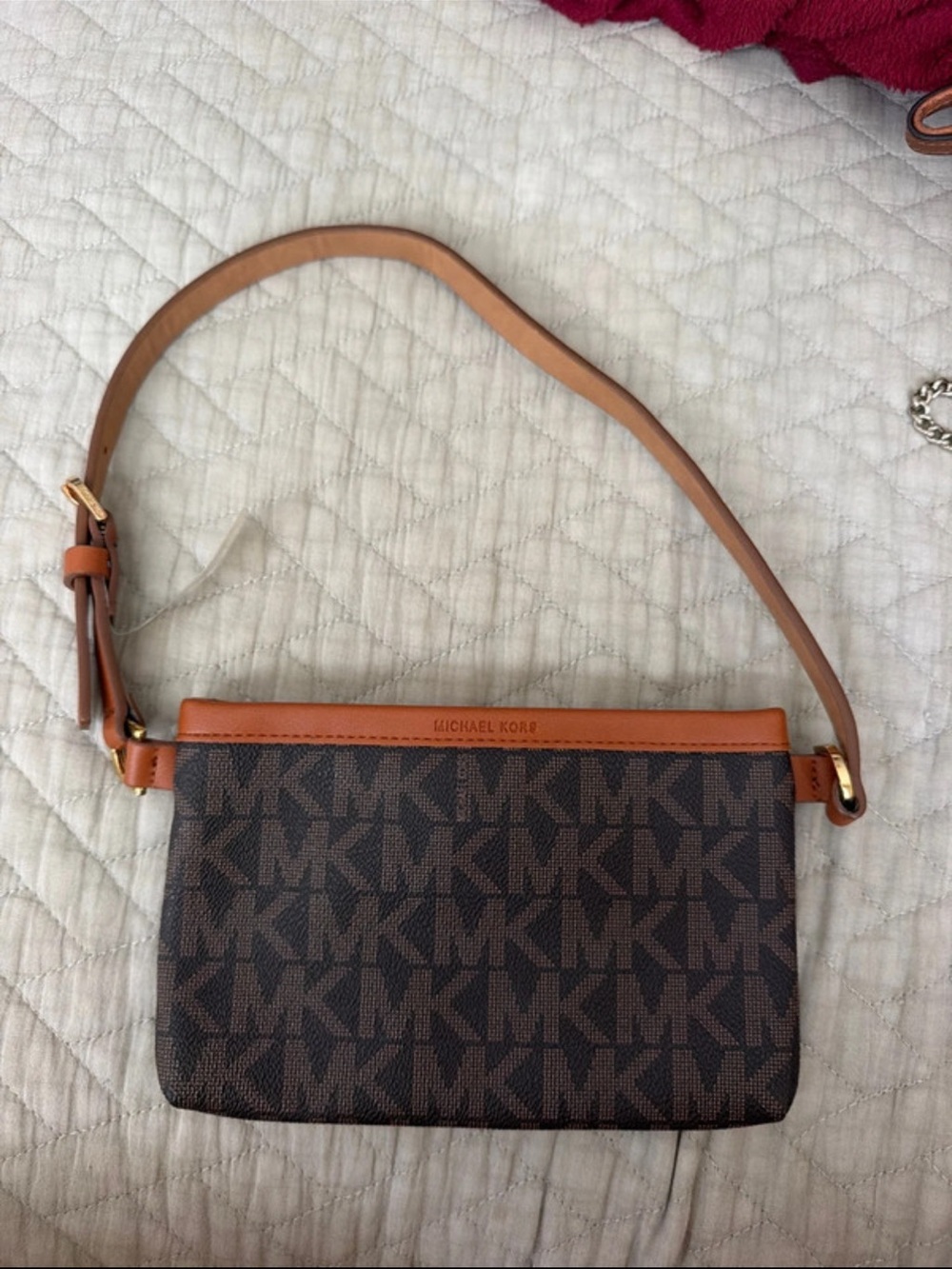 Michael Kors Brown and Tan Signature Logo Wristlet Crossbody